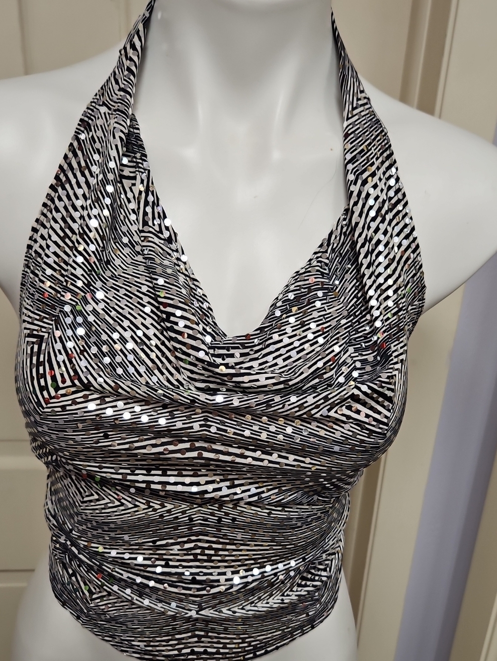 Disco Mirror Black & White Halter Sequin Top